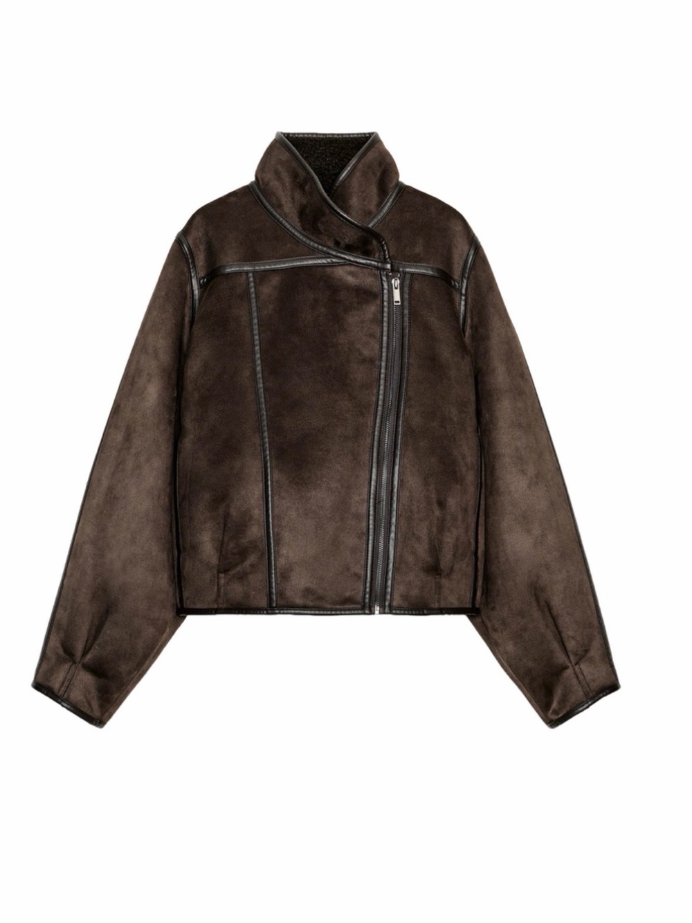 NWT Zara Dark Brown Shearling-Look Asymmetric Leather Jacket size XS